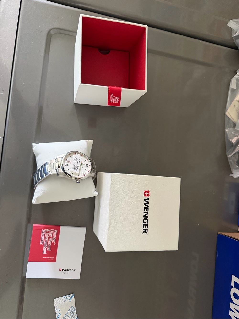 Wenger Men's Silver Watch with White Dial and Red Accents